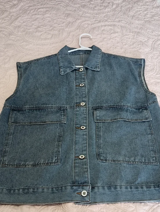 Sleeveless Denim Button-Up Vest in Medium Blue - Picture 1 of 6